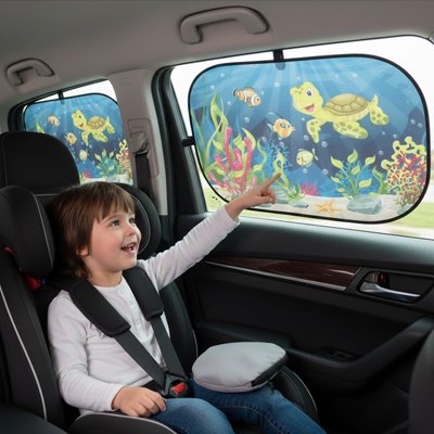 Pare soleil voiture Double face imprimée Motifs colorés et ludiques visibles de l'intérieur pour divertir les enfants pendant le trajet