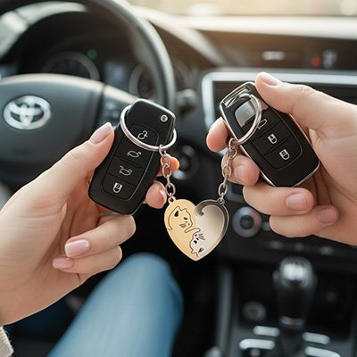 Porte clé voiture couple cœur rond élégant amoureux 