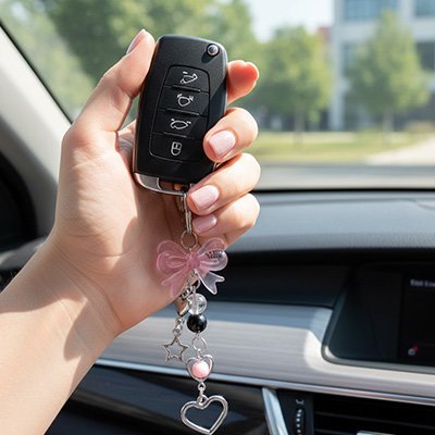 Porte clés​ pour voiture perle cœur assortis en finition argentée